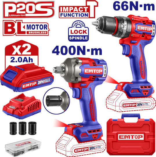 Emtop ECKL20275 Set Schlagbohrschrauber & Schlagschrauber Brushless 20V mit 2 Batterien 2Ah und Hülle