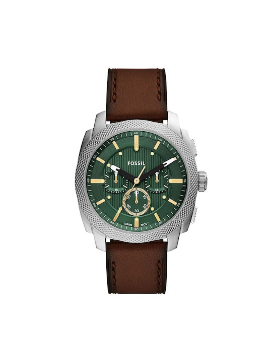 Fossil Ανδρικό Ρολόι 44mm Χρονογράφος Μπαταρίας με Καφέ Δερμάτινο Λουράκι