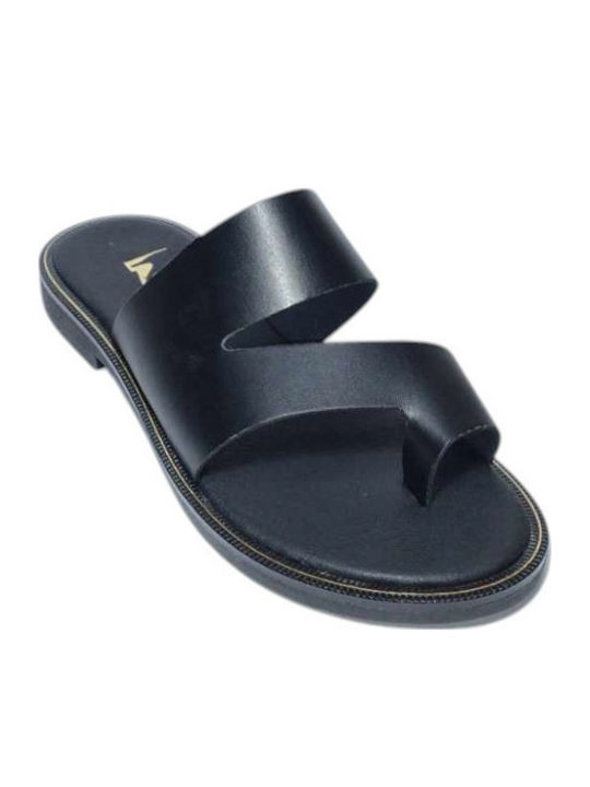 Leather Women's Flat Sandals in Black Color