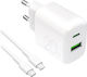 Puro Φορτιστής με Θύρα USB-A και Θύρα USB-C και Καλώδιο USB-C - USB-C 20W Λευκός (Prolite)