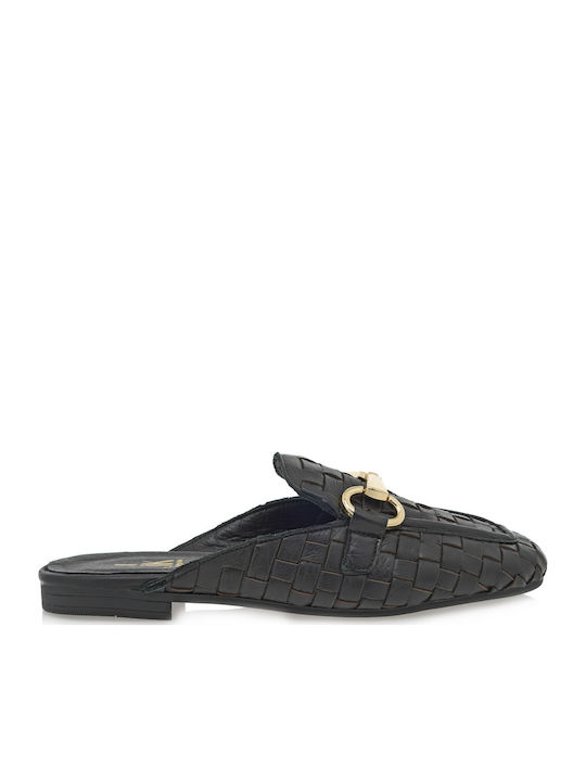 Flat Leather Mules in Black Color