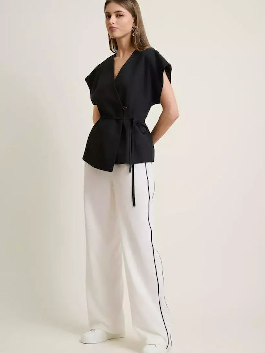 Women's High-waisted Fabric Trousers with Elastic Regular Fit Striped White