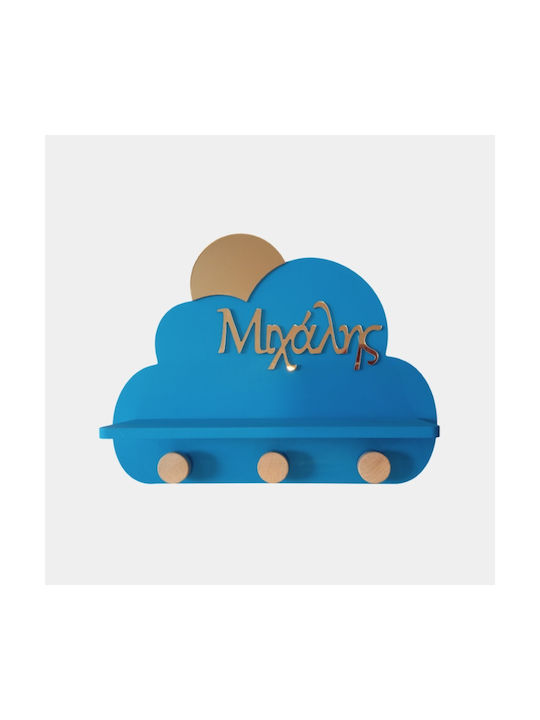 WoodStudio Cloud Kids Wall Hanger Multi Hook Wooden Blue with Shelf 28.2x37x10cm