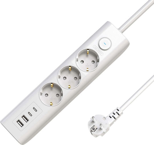 Microconnect Захранваща лента 3 Позиции с USB-A, Превключвател и Кабел 1.5м