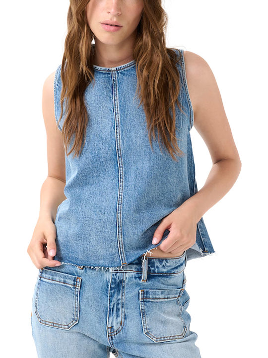 Women's Blouse Cotton Sleeveless with Zipper Blue