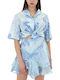 Women's Linen Floral Short Sleeve Shirt Ecru-blue-sky blue
