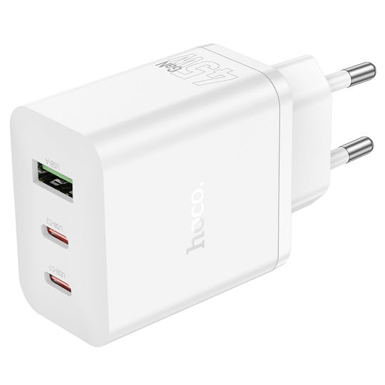 Hoco Încărcător Fără Cablu cu Port USB-A și 2 Porturi USB-C 45W Albς (N50 Scenery)