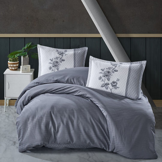 Clasy Home Set Huse Pentru Pilote Suave 100% Bumbac 200x220cm Dublu Cu 2 Fețe De Pernă & 1 Cearșaf Albastru - Gri