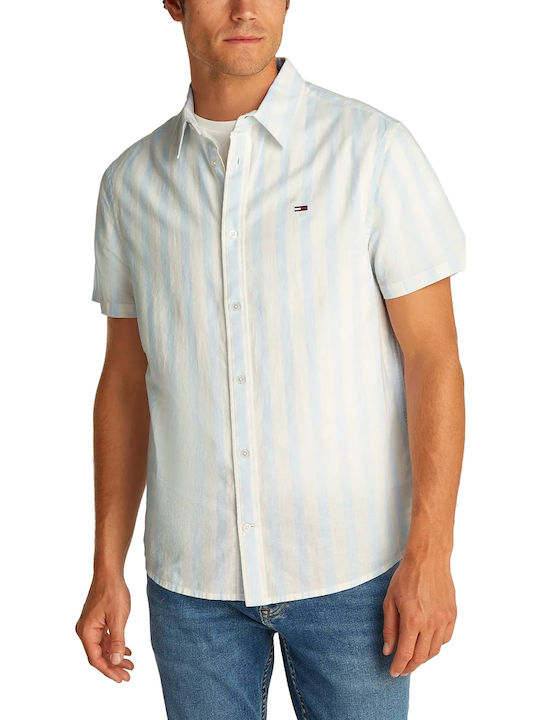 Kurzärmlig Leinen Hemd Gestreift White-Sky Blue