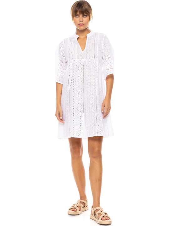 Women's Beachdress Pink Label Dress Cut Embroidery White Regular Fit Cotton