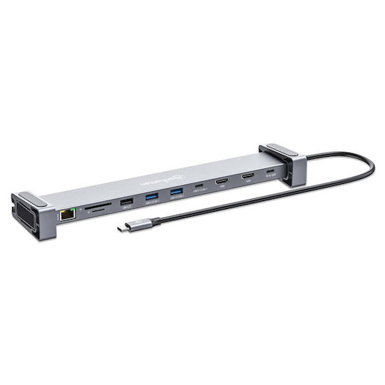 Manhattan USB-C Docking Station με HDMI 4K PD Ethernet και σύνδεση 2 Οθονών Γκρι (190398)