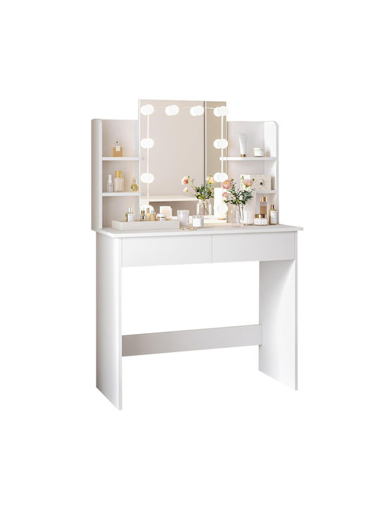 Floor-Standing Makeup Dressing Table Lauryn Wooden White with Mirror 101x40x139cm