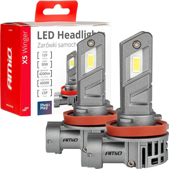 AMiO Lampen Auto H8 / H9 / H11 Canbus LED 6000K Kaltes Weiß 12V 50W 2Stück