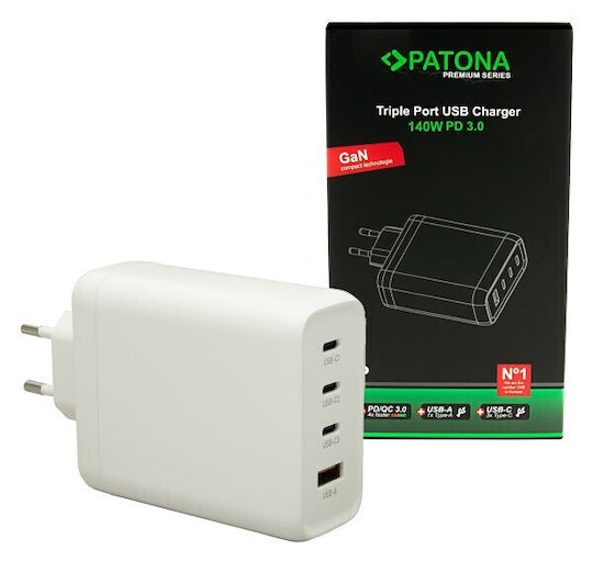 Patona Charger Without Cable GaN with USB-A Port and 3 USB-C Ports 30W Power Delivery / Quick Charge 3.0 Whites (2648)