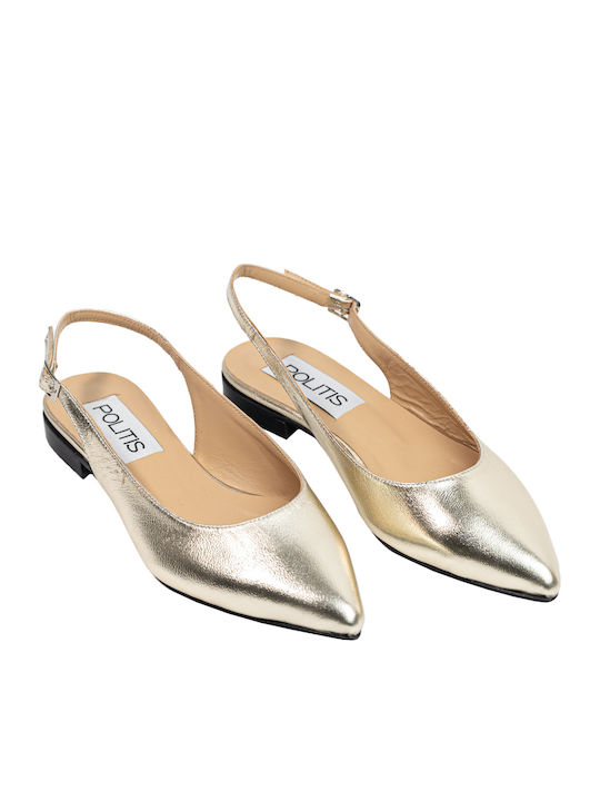 Δερμάτινες Γυναικείες Μπαλαρίνες Slingback σε Χρυσό Χρώμα