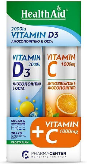 Health Aid Vitamin D3 Βιταμίνη για Ενίσχυση του Ανοσοποιητικού & την Υγεία των Οστών 2000iu 1000mg Πορτοκάλι 2 x 20 ταμπλέτες