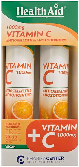 Health Aid Vitamin C Βιταμίνη για Ενίσχυση του Ανοσοποιητικού, τo Δέρμα & Αντιοξειδωτική δράση 1000mg Πορτοκάλι 2 x 20 αναβράζοντα δισκία