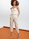 Women's High-waisted Fabric Trousers with Elastic Beige with Sequins