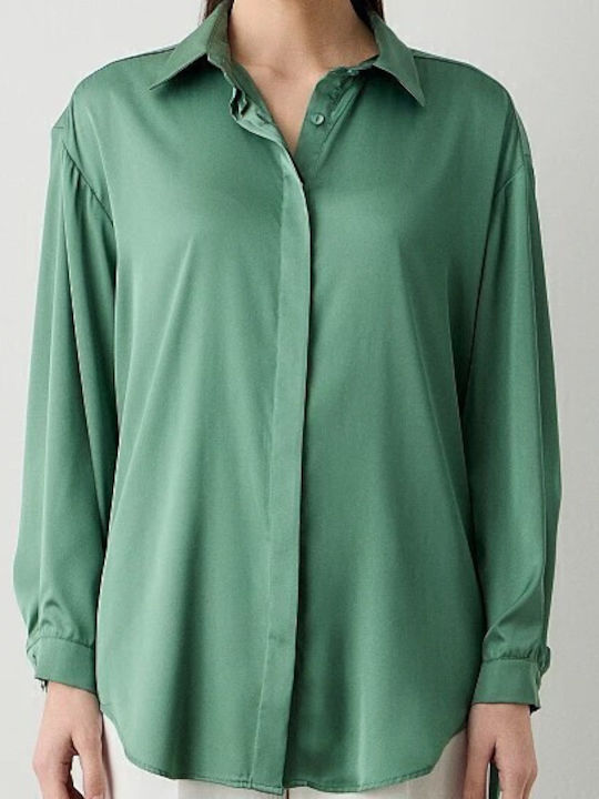 Women's Satin Long Sleeve Shirt Olive