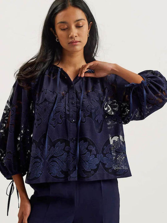 Damen Bluse mit Spitze Dk-blue