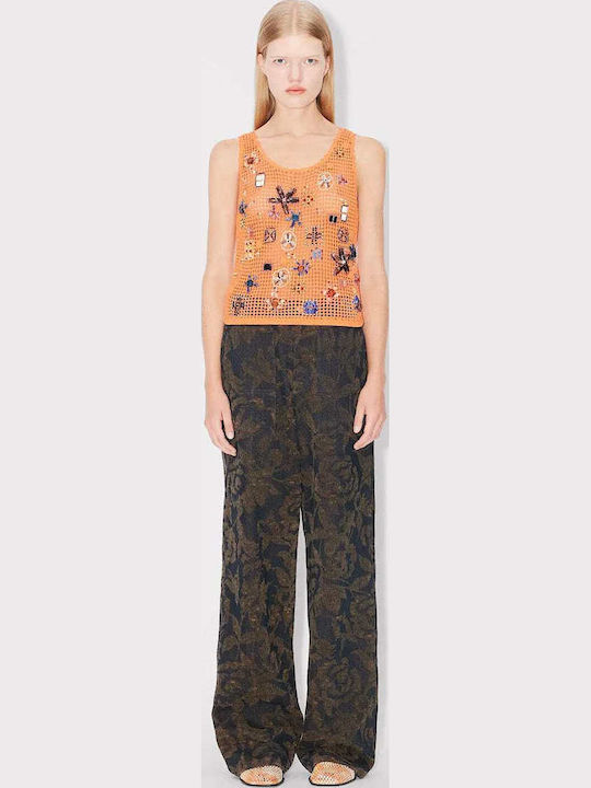 Women's Sleeveless Sweater Cotton Floral Orange