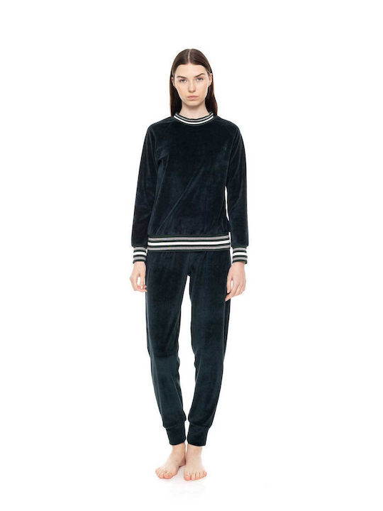 Pink Label Winter Women's Pyjama Set Velvet Dark Green