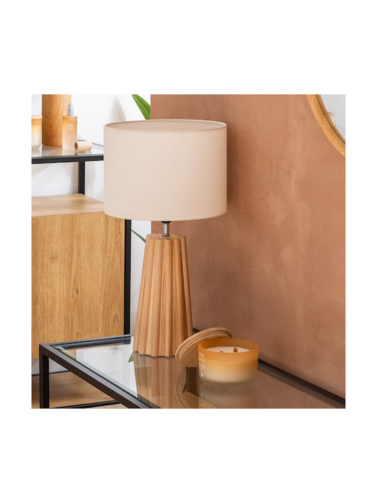 Wood Table Lamp with Beige Shade and Base