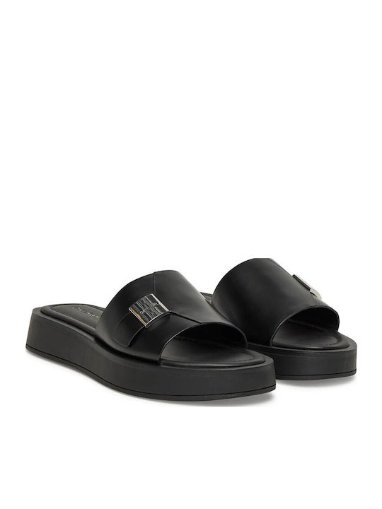 Leather Women's Flat Sandals Flatforms in Black Color