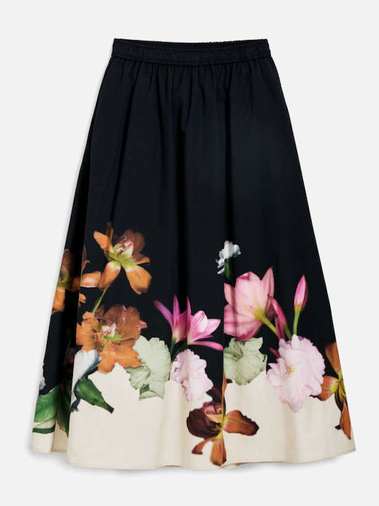 Lindo Hoch tailliert Midi Rock Blumen Schwarz