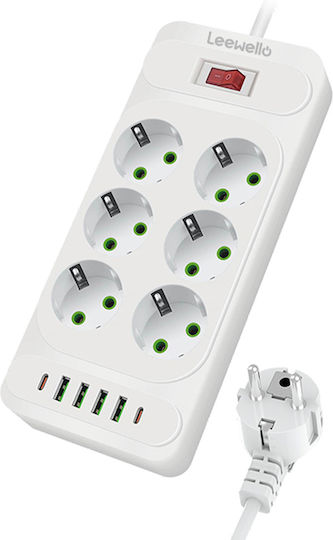 Leewello Power Strip 6 Sockets with 4 USB-A 2 USB-C and 2m Cable