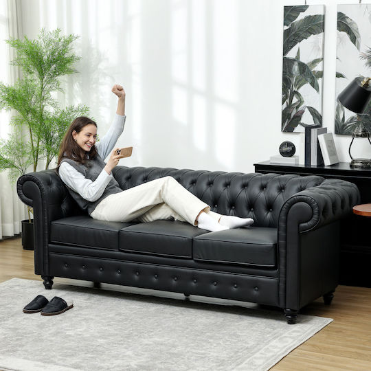 Three-Seater Couch Artificial Leather Black Velvet-Black Metal 213x86x79cm