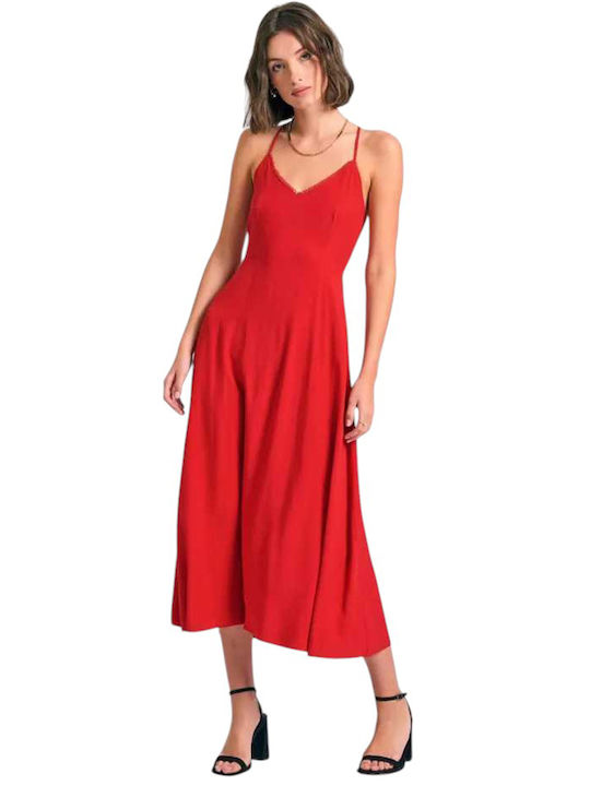 open lace back dress Stylish Red Cotton Midi Casual Dress for women main image 1