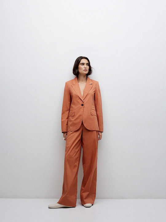 Women's Fabric Trousers with Elastic in Wide Line Orange