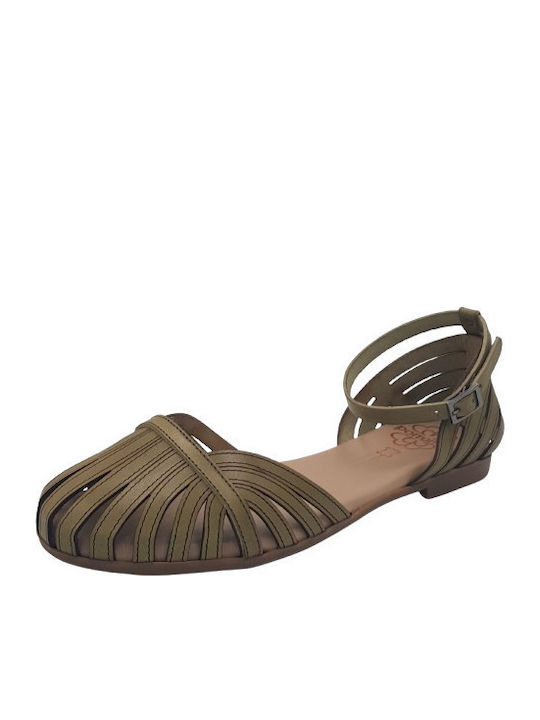 Leather Women's Flat Sandals Anatomic with Strap in Green Color