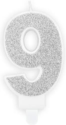 Candle Number 9 White Silver Glitter