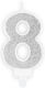 Number 8 Candle White Silver Glitter