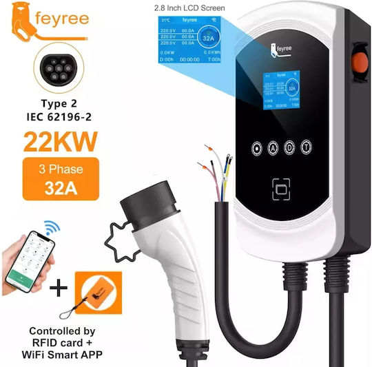 Feyree EV-Pro Монтиран на стена Трифазен Зарядна станция за електромобили 22кВт с Вграден кабел Тип 2