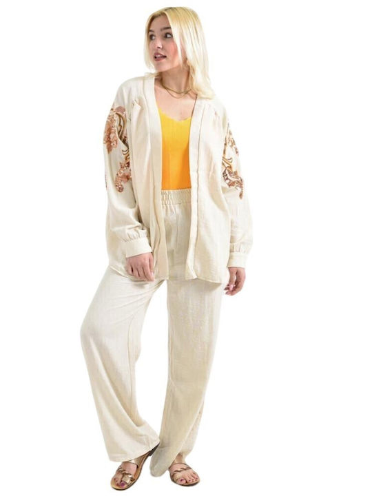 Women's Beige Set with Pants with Elastic in Straight Line with Sequins