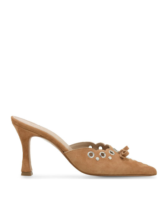 Suede Mules με Ψηλό Τακούνι σε Ταμπά Χρώμα