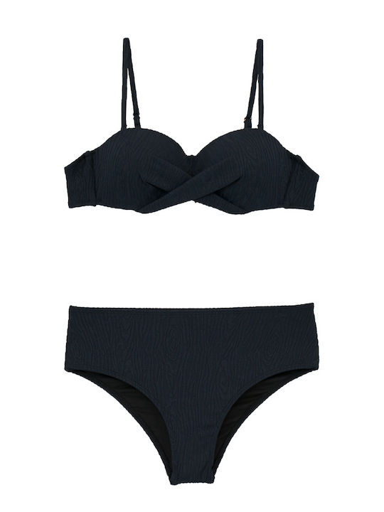 Women's Strapless Push-up Underwire Bikini Wood Texture Black