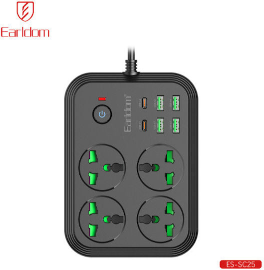 Earldom Πολύπριζο 4 Θέσεων με 4 USB-A, USB-C και Καλώδιο 2m