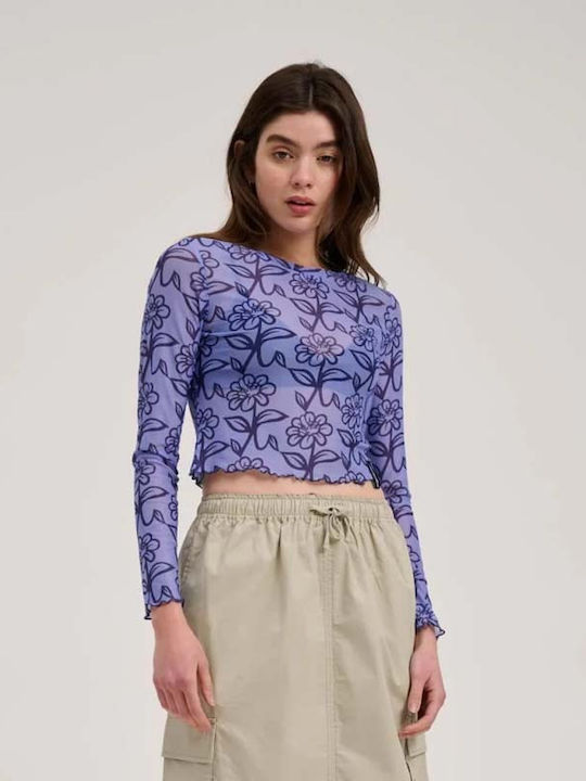 Women's Crop Top Long Sleeve Floral Blue / Dark Blue