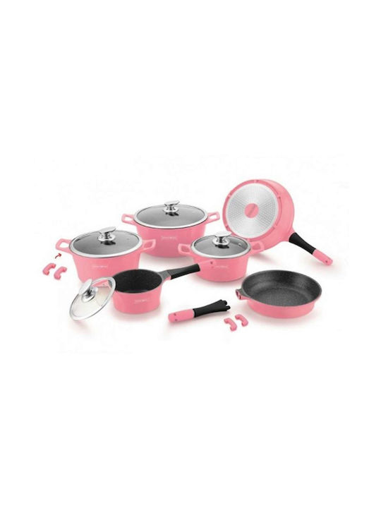 Royalty Line Cookware Set of Cast Aluminum with Stone Coating Pink