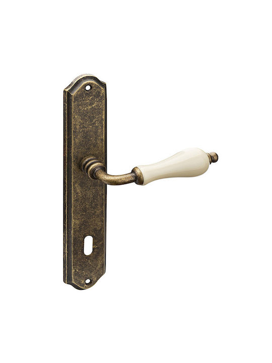 Roline K305 Door Handle Plate Brass & Porcelain Antique-Beige 255x45x129mm Centers 75mm Pair