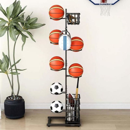 Suport de depozitare Siks pentru mingi sportive, echipament organizator sportiv vertical pe mai multe straturi, realizat din fier, pentru baschet, fotbal, volei, articole sportive, ideal pentru sală de sport, garaj, curte, cameră de copii, 19x40x155cm, negru