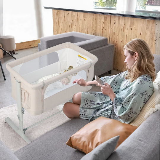 Costway Wiege mit Matratze, Seitlicher Öffnung und Rädern Beige