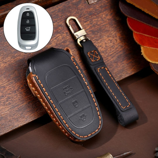 Hallmo Car Cowhide Leather Protective Key Cover Case for Hyundai 3 Buttons Black