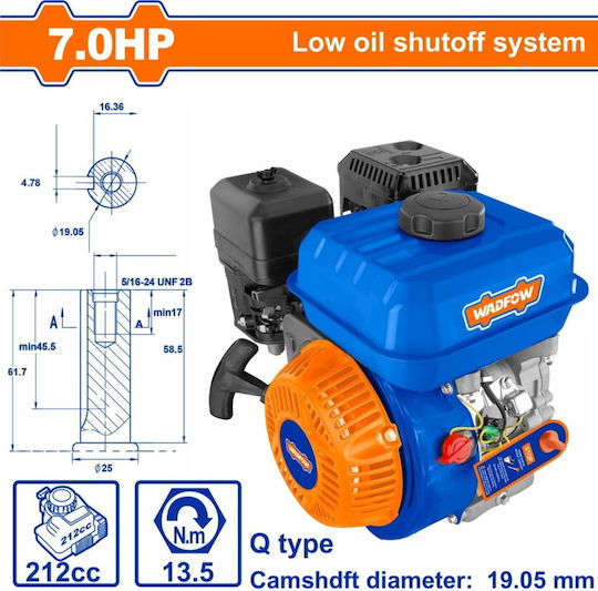 Wadfow Gasoline Engine 212cc 7hp Maximum Revolutions 3600rpm with Keyway and Starter (Tank 3.6lt)