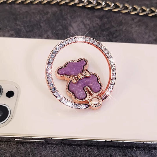 Z21-d Universal Phone Ring Holder – 360° Rotating Metal Grip Bear Head Design & Rhinestones 19000-purple