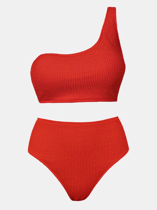 One-Shoulder Crinkle Bikini-Set Rot